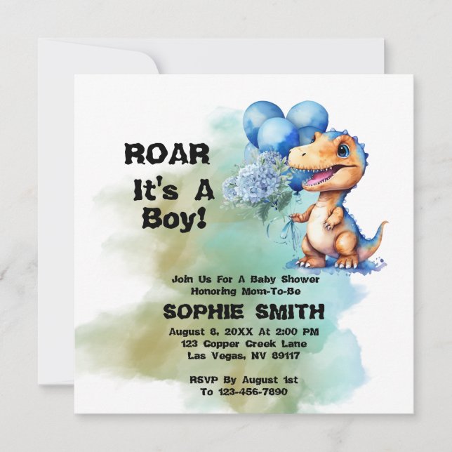 Roar sin A Boy T-Rex Dinosaur Baby Shower-ruta Inbjudningar (Framsida)