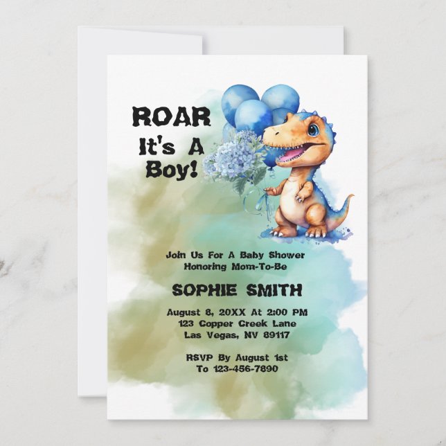 Roar sin pojke T-Rex Dinosaur Baby Shower Inbjudningar (Framsida)