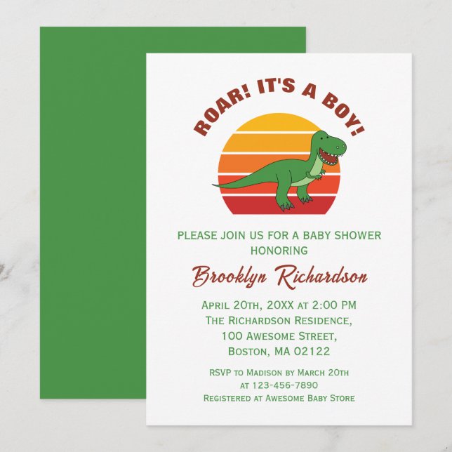 Roar sin pojkvän Retro Sunset Dinosaur Baby Shower Inbjudningar (Fram/baksida)