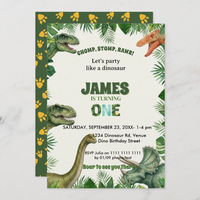 Roar-some Dinosaur 1st Birthday Invitation Inbjudningar (Fram/baksida)