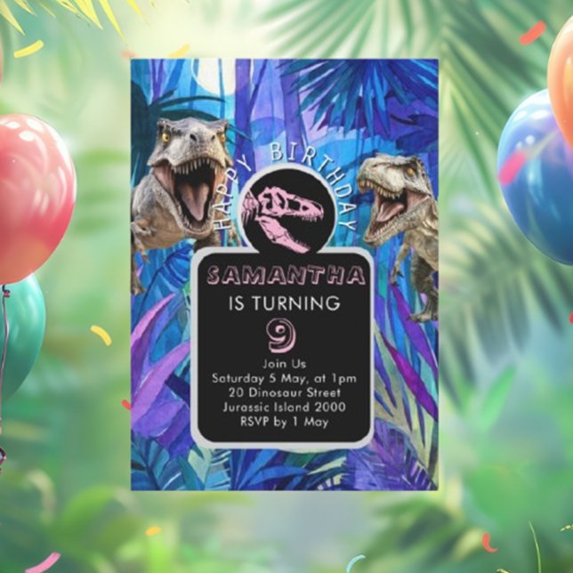 ROAR-some Girl Dinosaur Födelsedagsfest Inbjudningar (Get ready for an unforgettable adventure filled with fun, laughter, and dino-themed surprises.  )