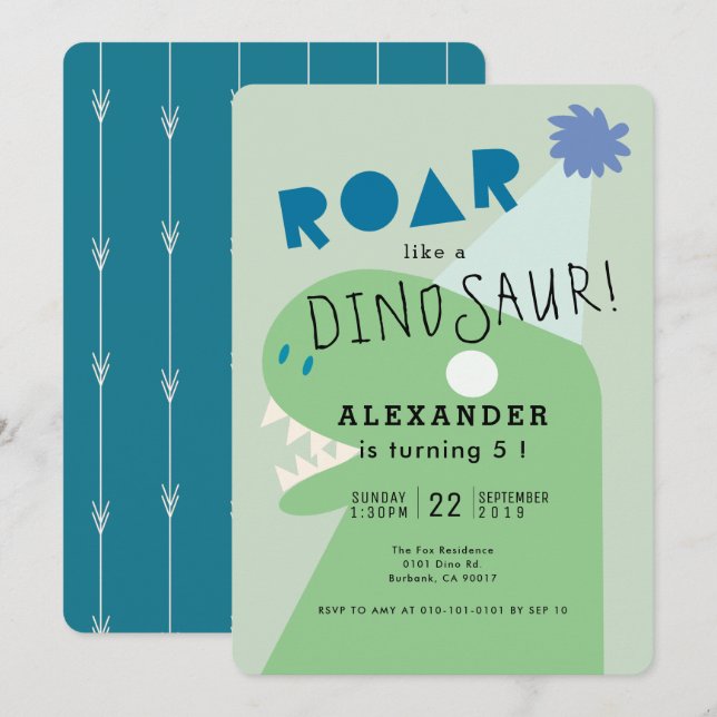 ROAR T-Rex Dinosaur Grönt Boy's Birthday Inbjudningar (Fram/baksida)