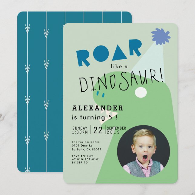 ROAR T-Rex Dinosaur Grönt Photo Boy's Birthday Inbjudningar (Fram/baksida)