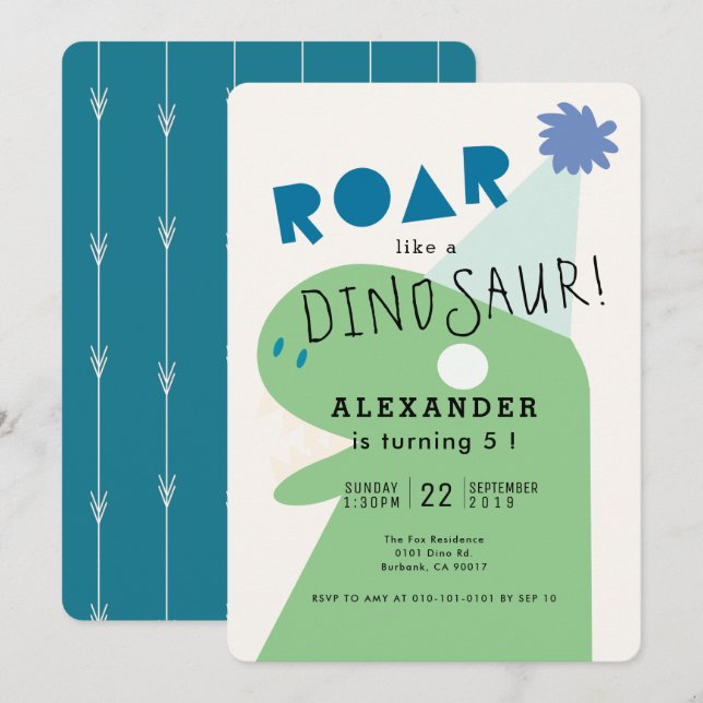 ROAR T-Rex Dinosaur Navy Blue Boy's Birthday Inbjudningar (Fram/baksida)