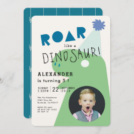ROAR T-Rex Dinosaur Navy Blue Photo Boy's Birthday Inbjudningar
