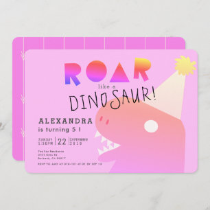 ROAR T-Rex Dinosaur Neon Rosa Girl Birgday Inbjudningar