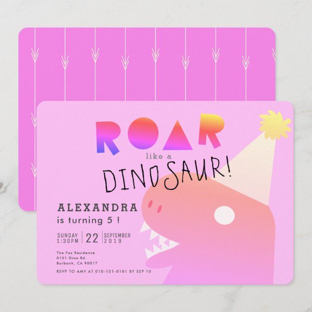 ROAR T-Rex Dinosaur Neon Rosa Girl Birthday Inbjudningar (Fram/baksida)