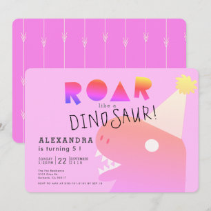 ROAR T-Rex Dinosaur Neon Rosa Girl Birthday Inbjudningar