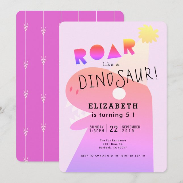ROAR T-Rex Dinosaur Neon Rosa Girl Girl Girl Girl  Inbjudningar (Fram/baksida)