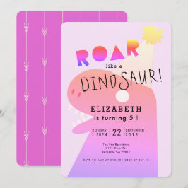 ROAR T-Rex Dinosaur Neon Rosa Girl Girl Girl Girl  Inbjudningar
