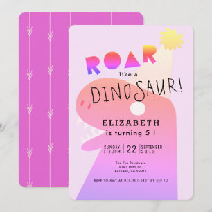 ROAR T-Rex Dinosaur Neon Rosa Girl Girl Girl Girl Inbjudningar
