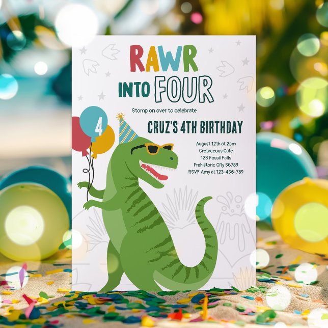 Roar till Four T-Rex Dinosaur 4e födelsedagen Part Inbjudningar (Skapare uppladdad)