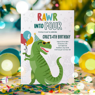 Roar till Four T-Rex Dinosaur 4e födelsedagen Part Inbjudningar