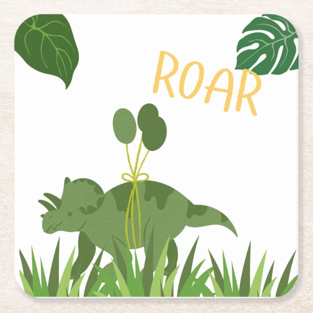 Roar We're 4 - Twins Dinosaur Birthday Party  Underlägg Papper Kvadrat (Framsidan)