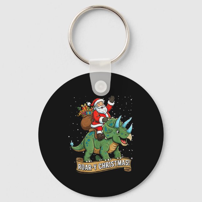 Roar-y Christmas Funny Santa Riding Dinosaur Trice Nyckelring (Framsida)