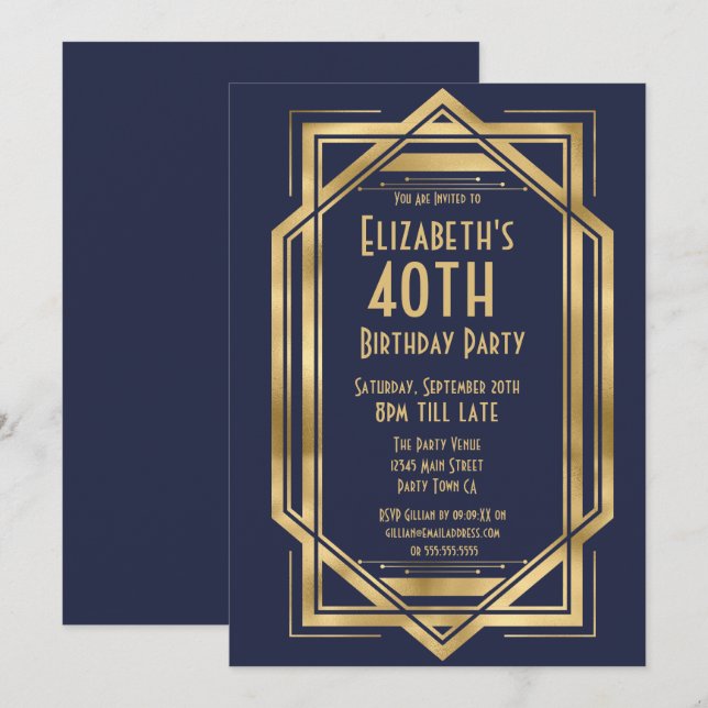 Roaring 20s Art Deco Marinblå | Guld 40:e  Inbjudningar (Fram/baksida)