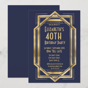 Roaring 20s Art Deco Marinblå   Guld 40:e  Inbjudningar