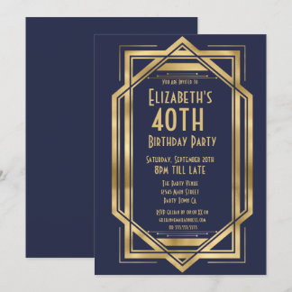 Roaring 20s Art Deco Marinblå | Guld 40:e Inbjudningar