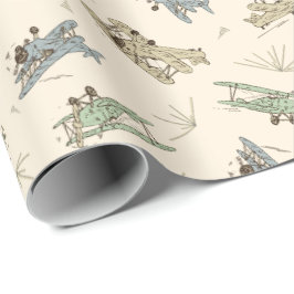 Roaring Art Deco Bi-flygplan - Blue grönt mönster. Presentpapper