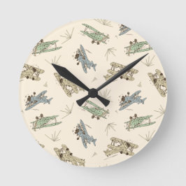 Roaring Art Deco Bi-flygplan - Blue grönt mönster. Rund Klocka