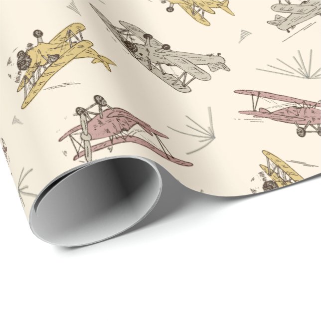 Roaring Art Deco Bi-flygplan - Red gult mönster. Presentpapper (Rullad Hörn)