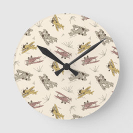 Roaring Art Deco Bi-flygplan - Red gult mönster. Rund Klocka