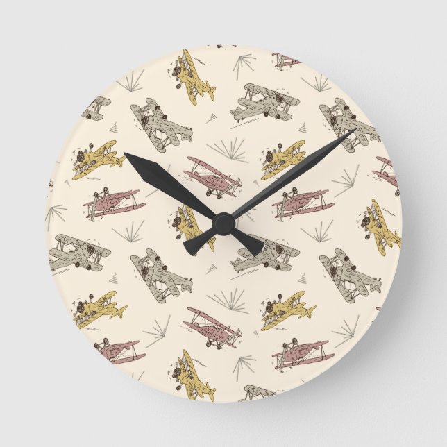 Roaring Art Deco Bi-flygplan - Red gult mönster. Rund Klocka (Framsida)