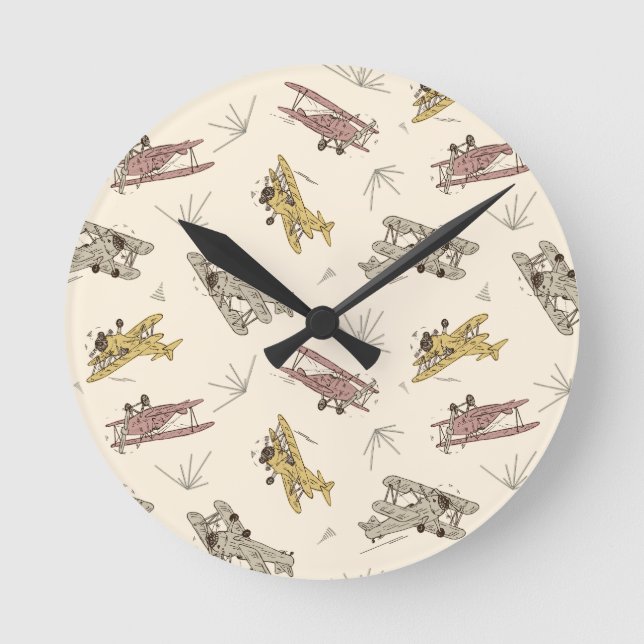 Roaring Art Deco Bi-flygplan - Red gult mönster. Rund Klocka (Framsida)