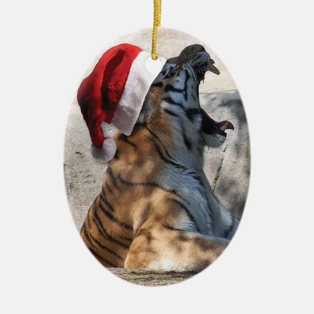 Roaring Bengal Tiger med Santa Hat Julgransprydnad Keramik (Framsidan)