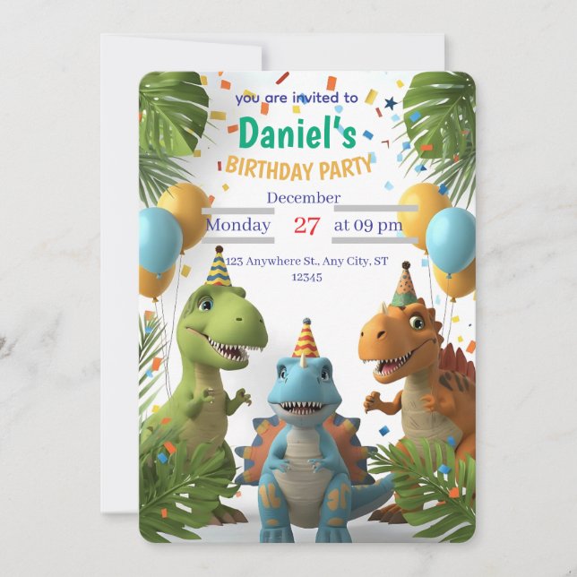 Roaring Dinosaur Boys Födelsedagsfest inbjudan | (Framsida)