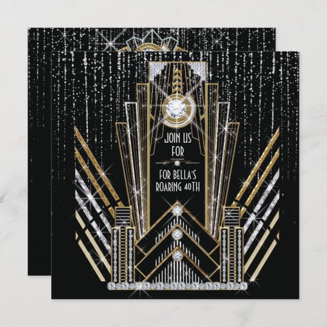 Roaring Gatsby Art Deco Bling Festin Inbjudningar (Fram/baksida)