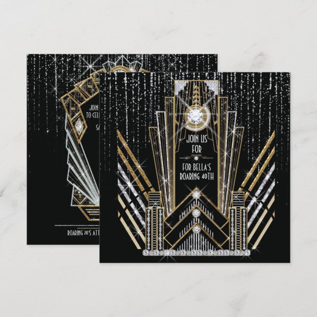 Roaring Gatsby Art Deco Bling Party-inbjudningar Inbjudningar (Fram/baksida)