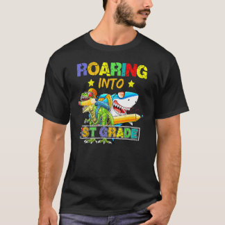 Roaring Into 1st Grade Dinosaur Shark Back To Scho T Shirt