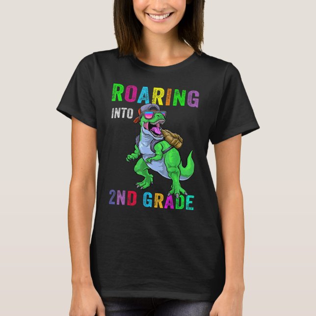 Roaring Into 2nd Grade Dinosaur 1st Day Back To Sc T Shirt (Framsida)