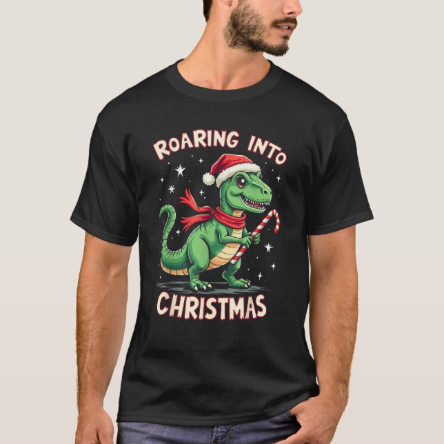 Roaring into Christmas T Rex Santa Hat Candy Cane  T Shirt (Framsida)