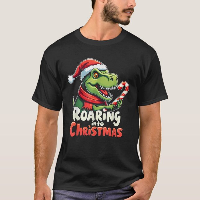 Roaring into Christmas T Rex Santa Hat Candy Cane  T Shirt (Framsida)