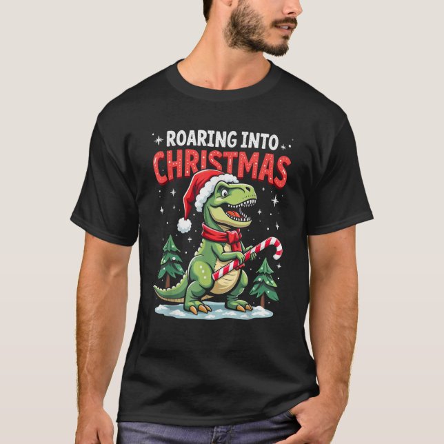 Roaring into Christmas T Rex Santa Hat Candy Cane  T Shirt (Framsida)