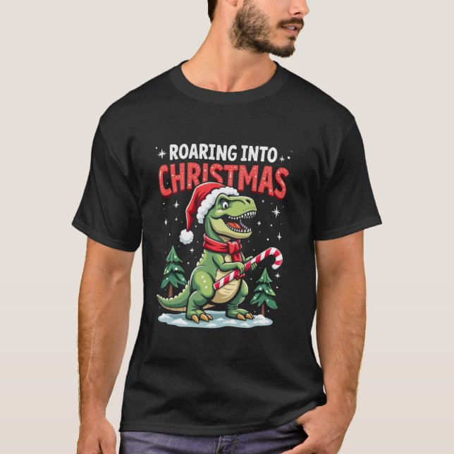 Roaring into Christmas T Rex Santa Hat Candy Cane  T Shirt (Framsida)