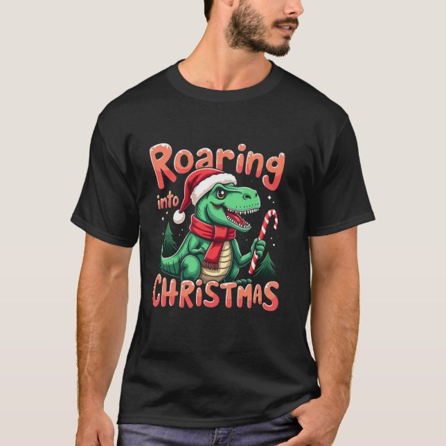 Roaring into Christmas T Rex Santa Hat Candy Cane  T Shirt (Framsida)