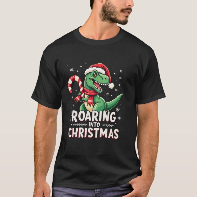 Roaring into Christmas T Rex Santa Hat Candy Cane  T Shirt (Framsida)