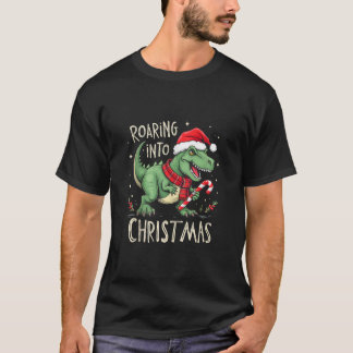 Roaring into Christmas T Rex Santa Hat Candy Cane  T Shirt