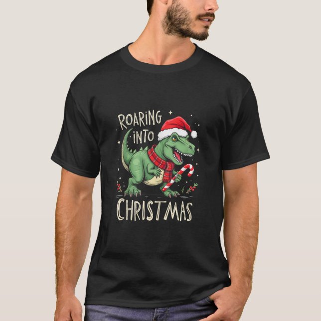 Roaring into Christmas T Rex Santa Hat Candy Cane  T Shirt (Framsida)