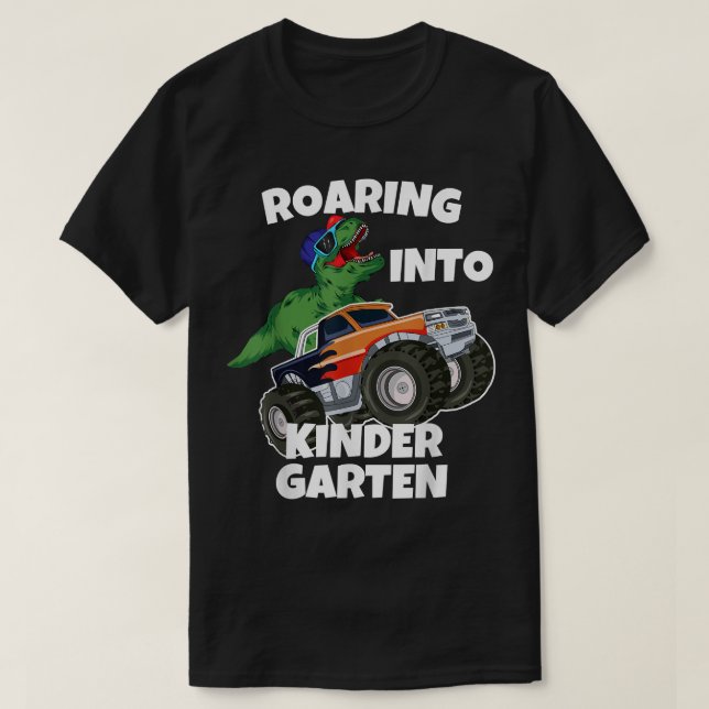 Roaring into Kindergarten Monster Truck Dinosaur T T Shirt (Design framsida)