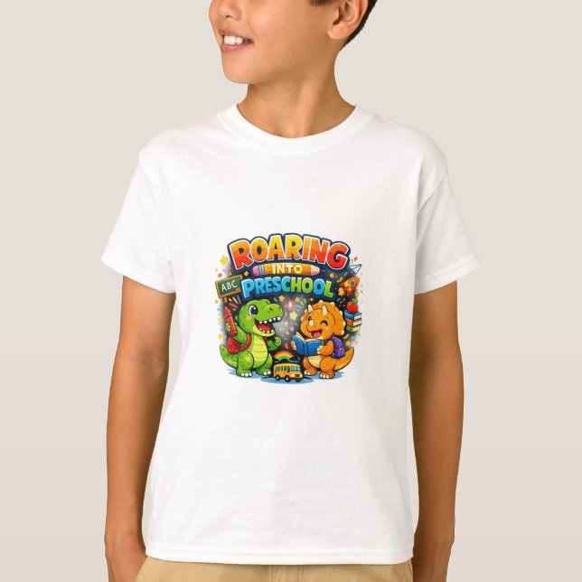 Roaring Into Preschool Cute Dinosaur Kids Back To  T Shirt (Framsida)