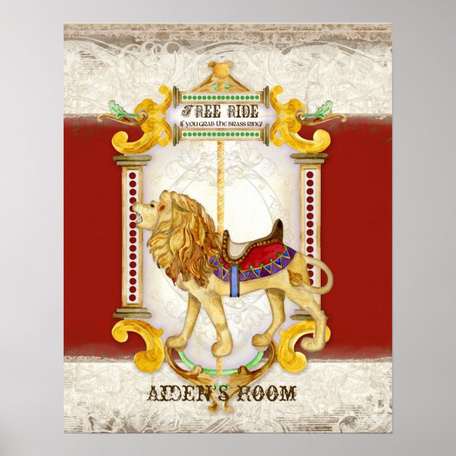 Roaring Lejon Brass Ring, Circus Carousel Vintage Poster (Framsidan)