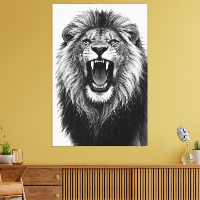 Roaring Lion Black White Powerful Wildlife Art Canvastryck (Insitu (Vardagsrum))