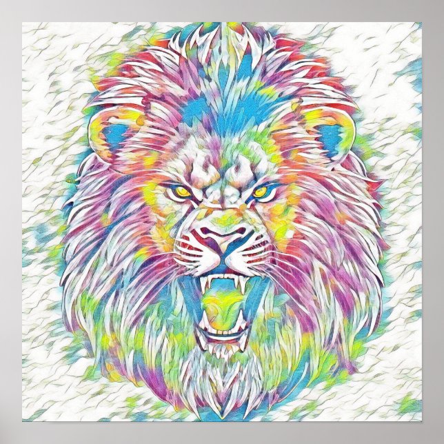 Roaring Pastel Rainbow Lejon Art Poster (Framsidan)