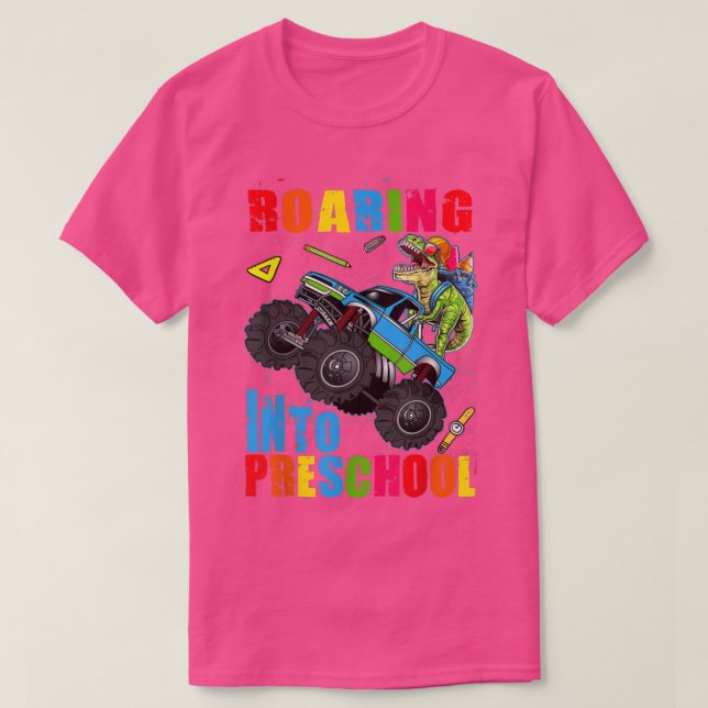 Roaring Preschool Dinosaur Monster Lastbil tillbak T Shirt (Design framsida)