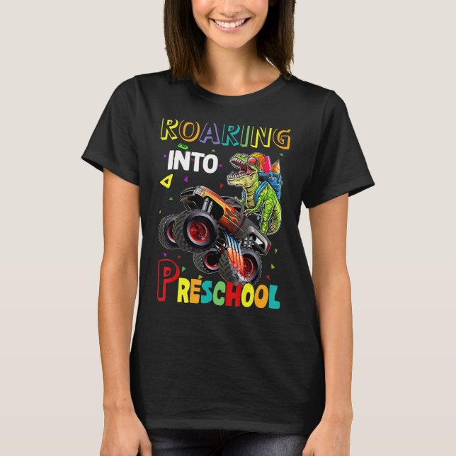 Roaring Preschool Dinosaur Monster Lastbil tillbak T Shirt (Framsida)