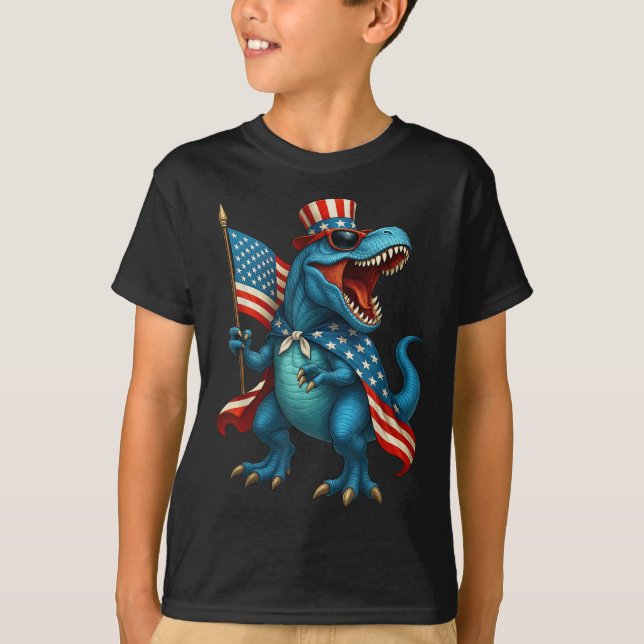 Roaring T Rex Dinosaur 4:e juli American Flagga U Shirt (Framsida)